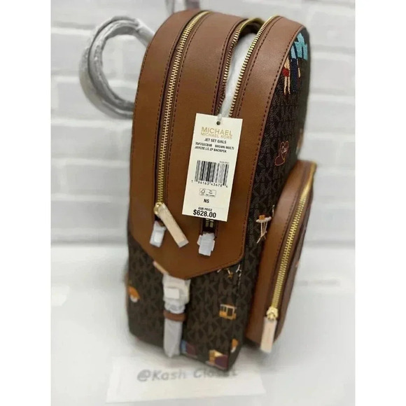 MICHAEL KORS JET SET GIRLS LARGE ZIP JAYCEE BACKPACK - BROWN MULTI - Picture 5 of 11